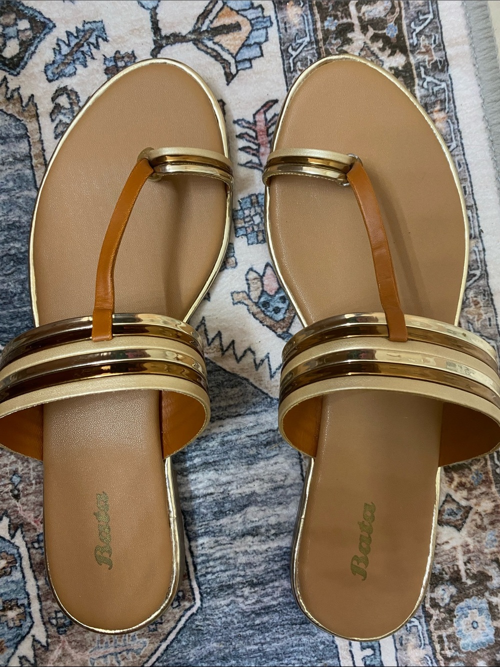 Women's Tan and Gold Slip-On Sandals